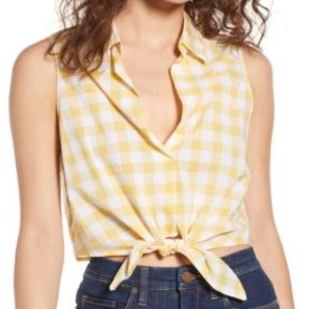 Nordstrom Lush Yellow Gingham Tie Hem Top NWT